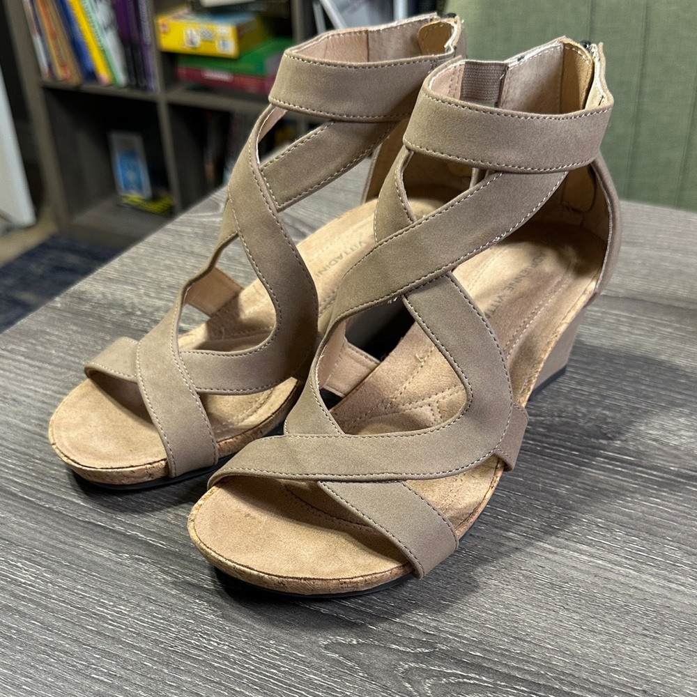 Adrienne Vittadini Taupe Strappy Sandals